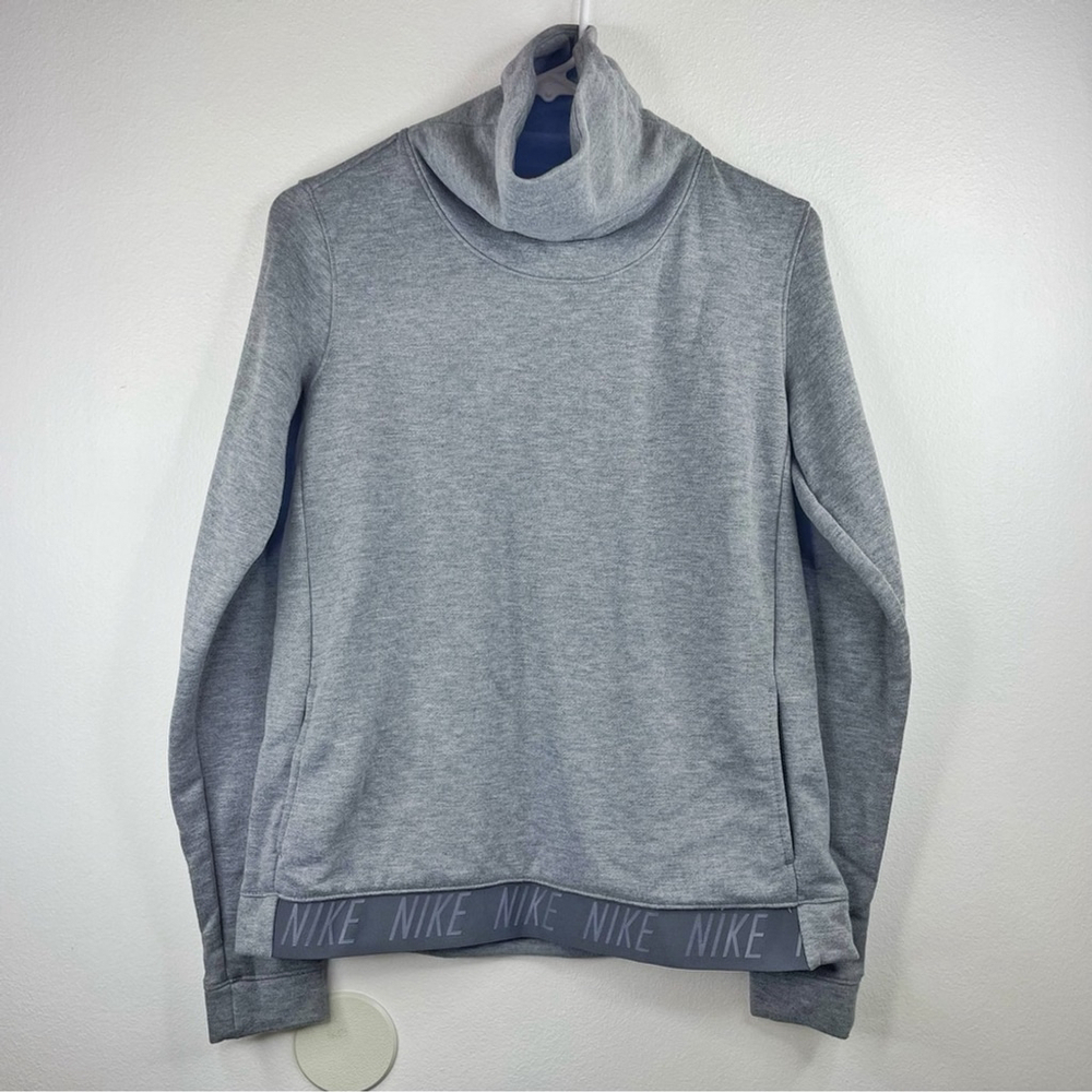 NIKE Women’s GREY Dri-FIT Cowl Neck Training Top NIKE Logo Band on Bottom Size S